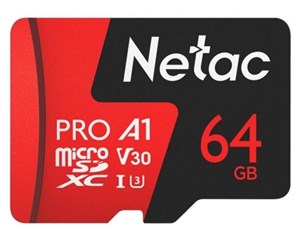 Карта памяти Netac MicroSDXC P500 Extreme Pro V30/A1/C10 64Gb + адаптер