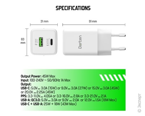 Зарядное устройство сетевое Dorten 45W GaN PD3.0/PPS + QC3.0 White. Изображение 9.