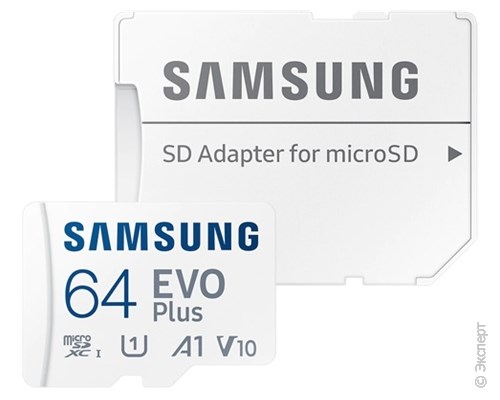 Карта памяти Samsung MicroSD EVO Plus 64Gb + адаптер. Изображение 1.