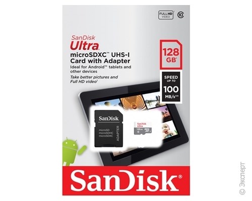 Карта памяти SanDisk Ultra microSDXC Class 10 UHS Class 1 128Gb SDSQUNR-128G-GN6TA + адаптер SD. Изображение 1.