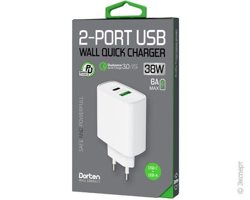Зарядное устройство сетевое Dorten Dual USB Quick Charger PD3.0+QC3.0 38W 3A White. Изображение 9.