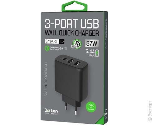 Зарядное устройство сетевое Dorten 3-Port USB Smart ID Wall Quick Charger QC4+/PD3.0+ 37W 5.4A Black. Изображение 4.