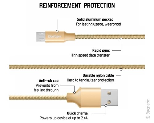 Кабель USB Dorten Micro USB to USB Cable Metallic Series 1,2 м Gold. Изображение 5.