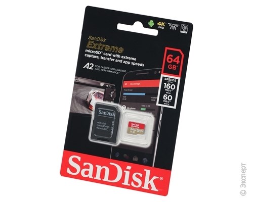Карта памяти SanDisk Extreme microSDXC Class 10 UHS Class 3 V30 A2 64Gb SDSQXA2-064G-GN6MA + адаптер SD. Изображение 1.