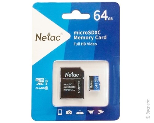 Карта памяти Netac MicroSDXC P500 Standard U1/C10 64Gb + адаптер. Изображение 2.
