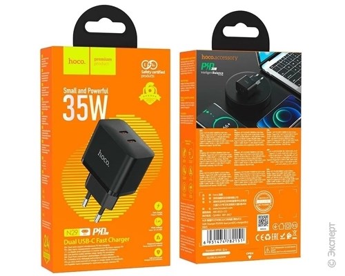 Зарядное устройство сетевое HOCO N29 Triumph Dual USB-C Fast Charger 35W Black. Изображение 5.