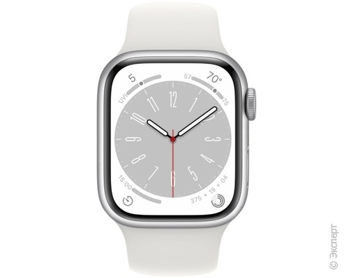 Apple Watch Series 8 Aluminum Case Silver 41mm with White M/L Sport Band. Изображение 2.