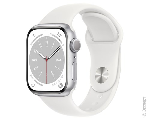 Apple Watch Series 8 Aluminum Case Silver 41mm with White M/L Sport Band. Изображение 1.