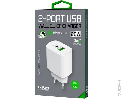 Зарядное устройство сетевое Dorten Dual USB Wall Quick Charger PD3.0+QC3.0 20W 3A White. Изображение 8.