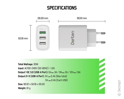 Зарядное устройство сетевое Dorten 3 USB Smart ID Quick Charger 30W 2.4A White. Изображение 6.