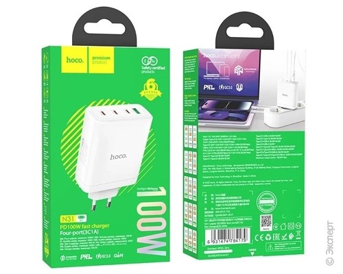 Зарядное устройство сетевое HOCO N31 Four-port fast Charger 100W White. Изображение 7.