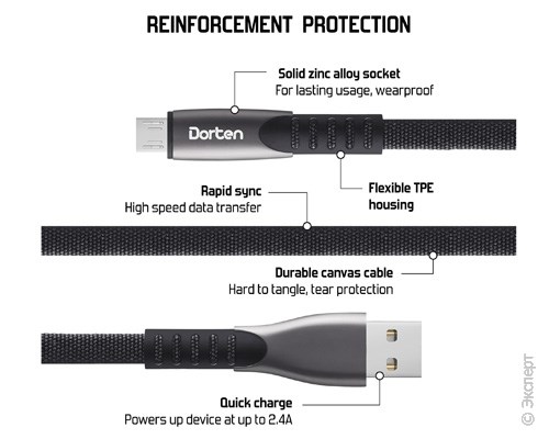 Кабель USB Dorten Micro USB to USB Cable Flat Series 1 м Black. Изображение 3.