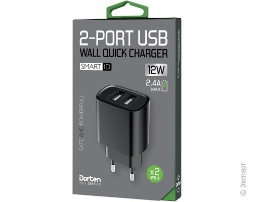 Зарядное устройство сетевое Dorten 2-Port USB Smart ID Wall Quick Charger 12W 2.4A Black. Изображение 3.