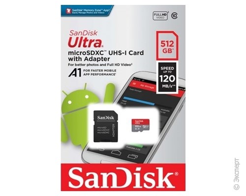 Карта памяти SanDisk Ultra microSDXC Class 10 UHS Class 1 A1 512Gb SDSQUA4-512G-GN6MA + адаптер SD. Изображение 1.