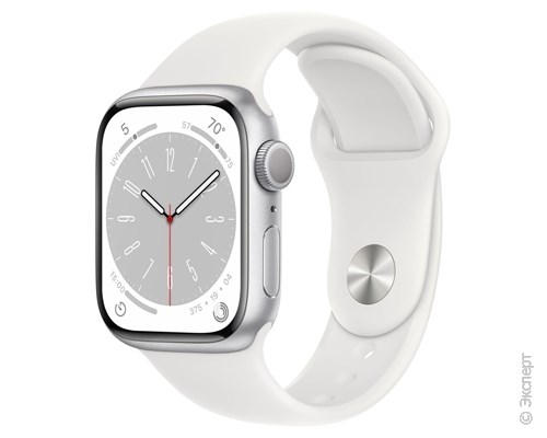 Apple Watch Series 8 Aluminum Case Silver 41mm with White S/M Sport Band. Изображение 1.